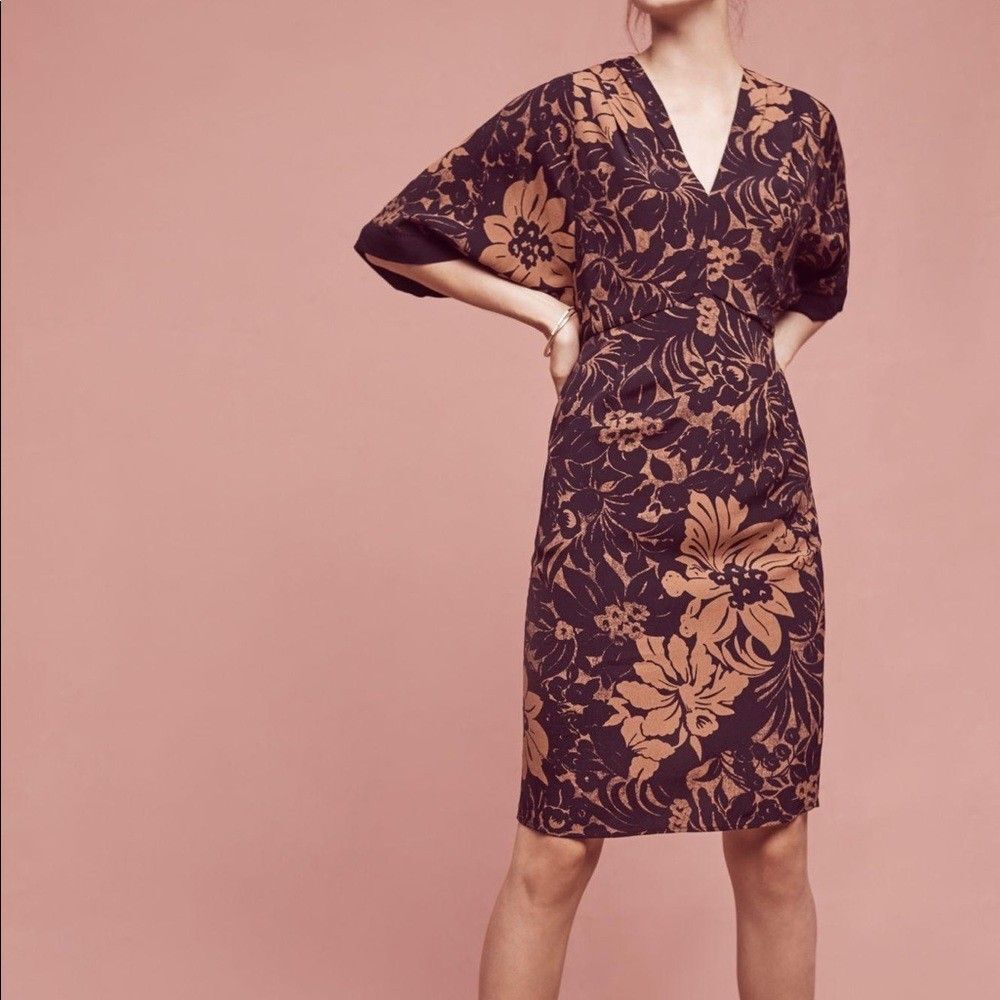 Anthropologie Maeve Mirabilis Dress Size 0 Brown Black Floral Kimono Sleeve - Picture 7 of 7